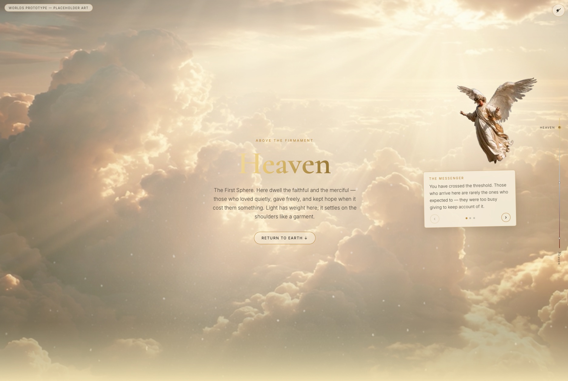 3 Worlds website &mdash; Heaven, above the firmament, with the Messenger guide