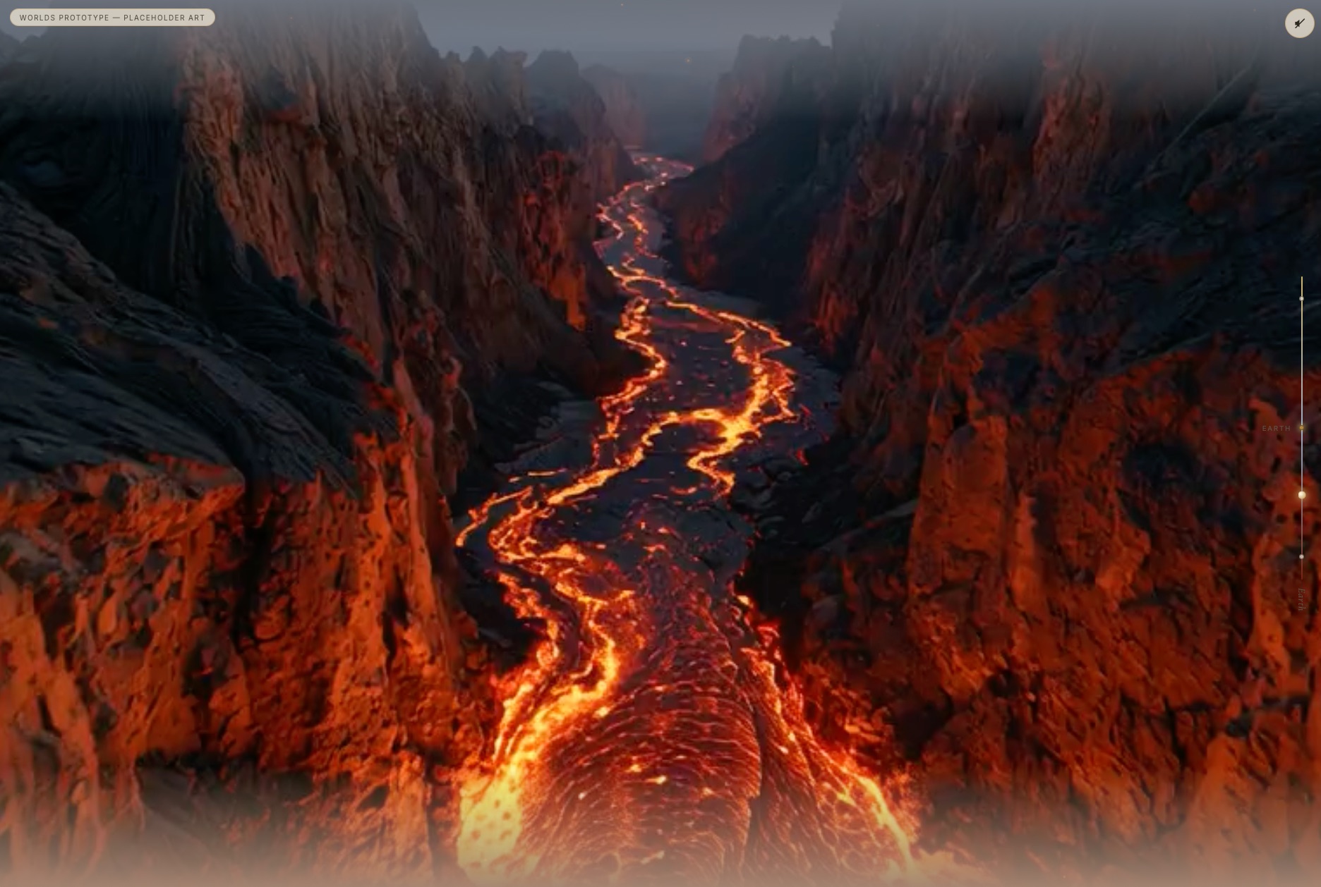 3 Worlds website &mdash; the descent transition, a river of lava through a dark canyon