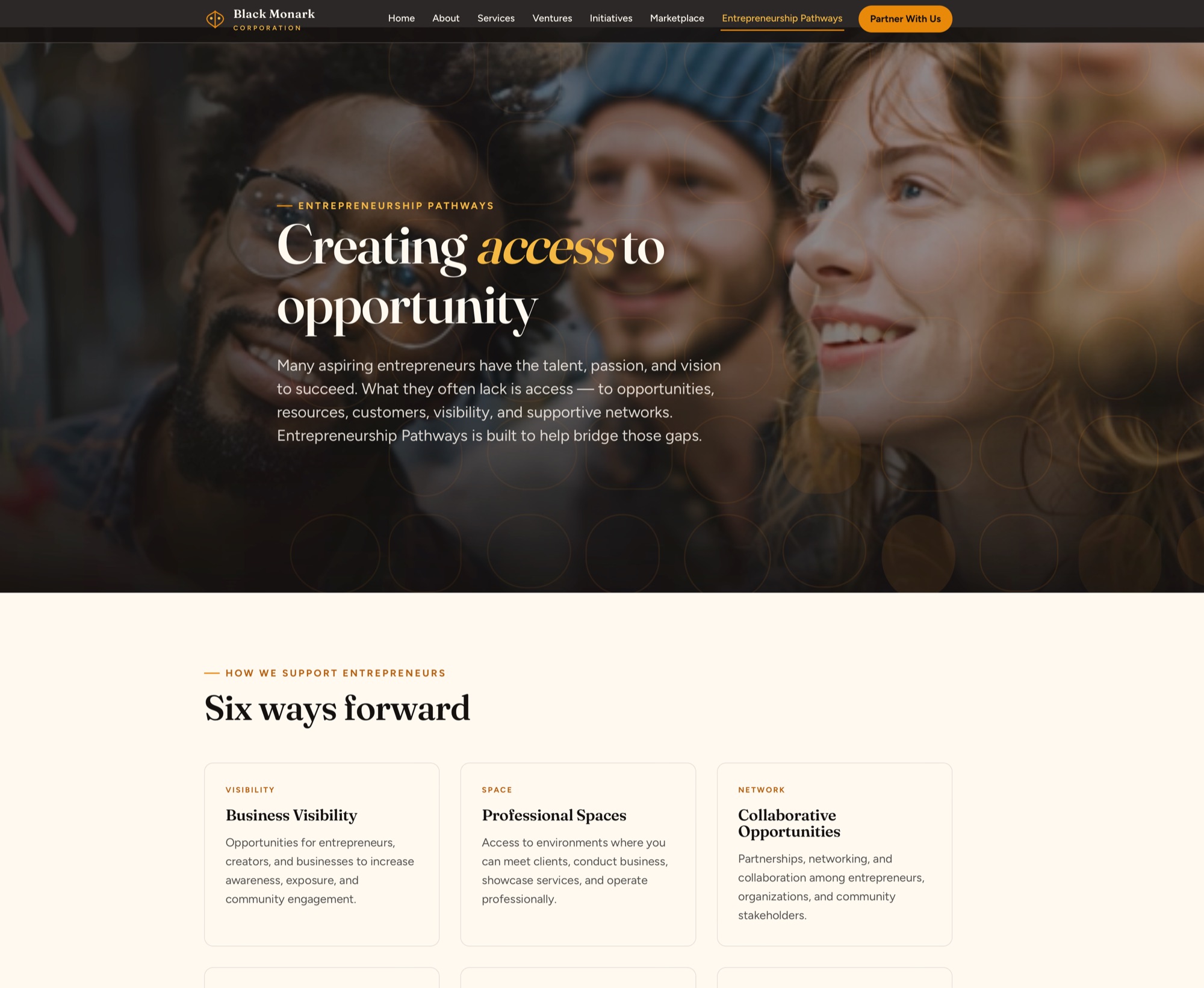 Black Monark website &mdash; Entrepreneurship Pathways page, Creating Access to Opportunity