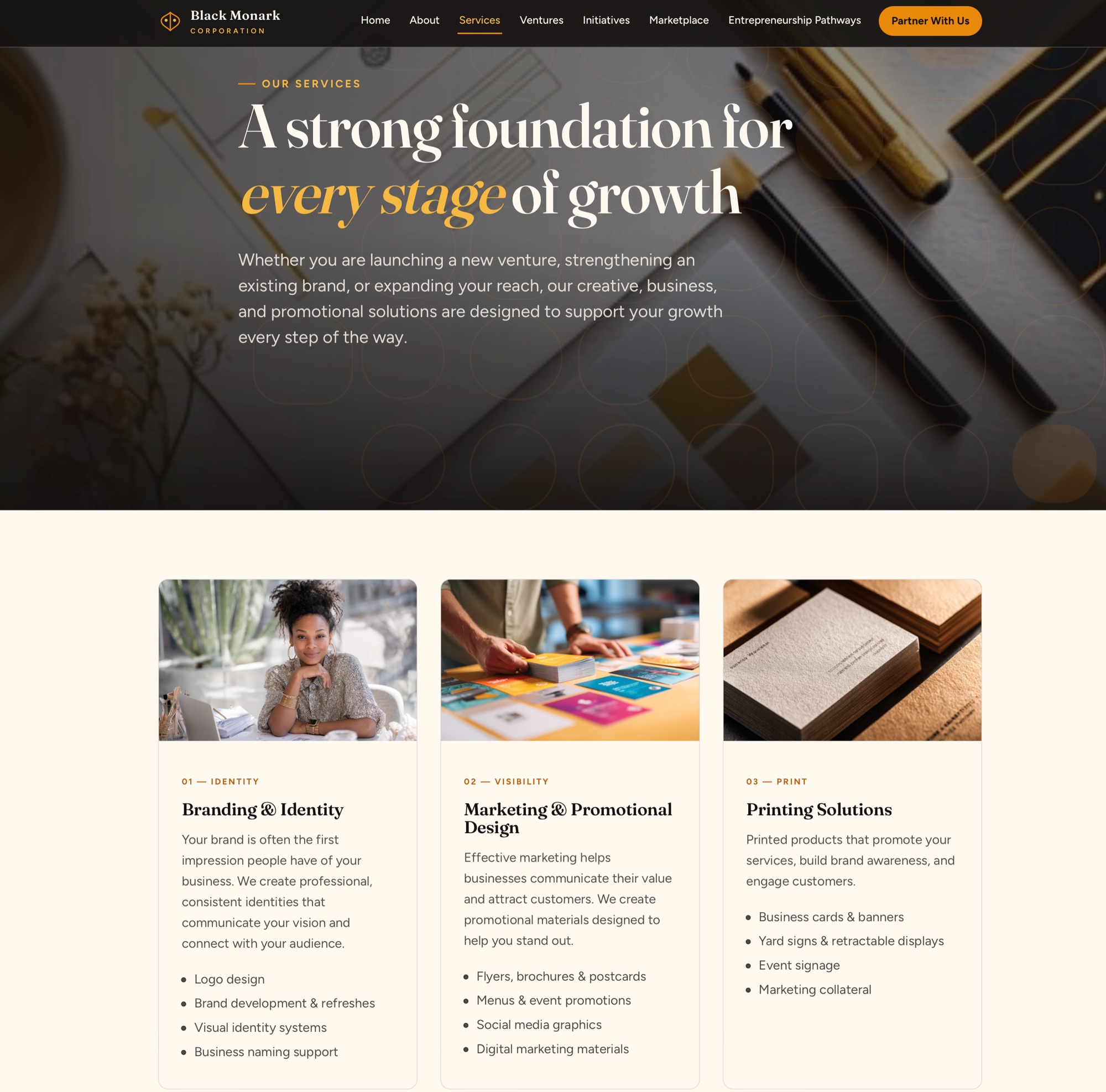 Black Monark website &mdash; Services page with branding, marketing, and printing
