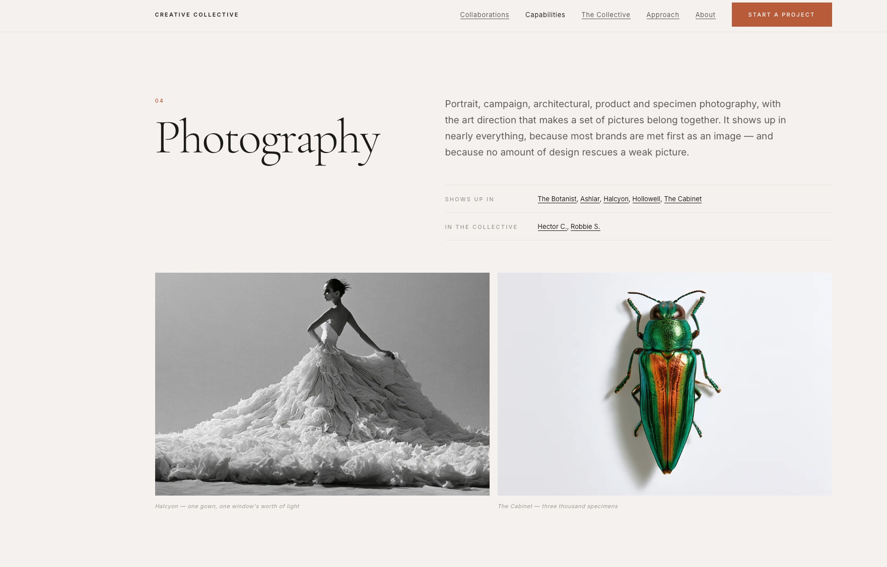 Creative Collective website &mdash; Photography capability page linking projects and people