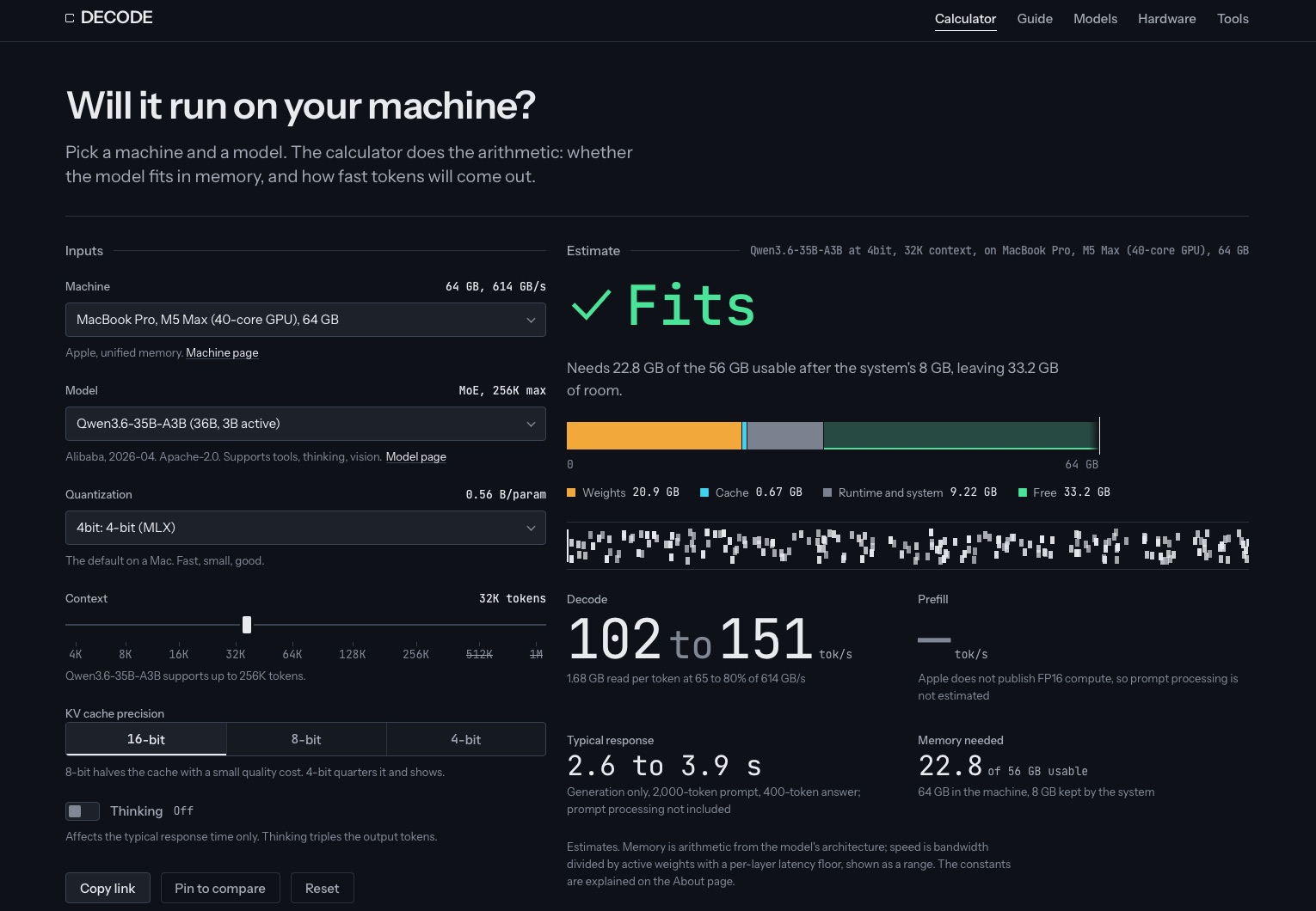Decode website &mdash; the calculator, showing a model that fits with memory and speed estimates