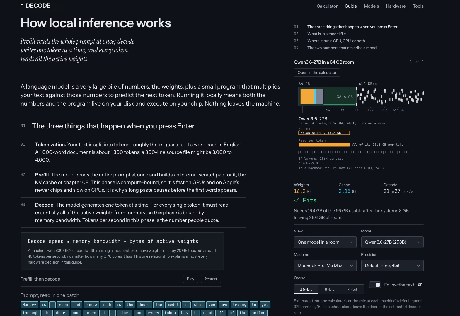 Decode website &mdash; How Local Inference Works guide page with a live diagram