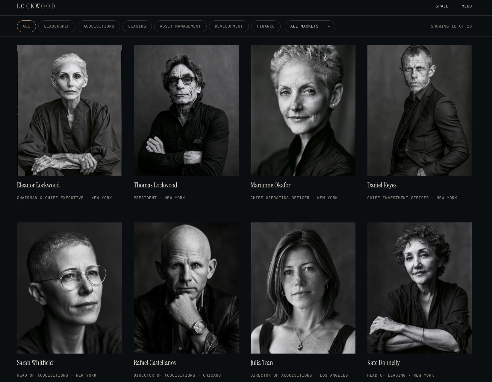 Lockwood website &mdash; team directory with black-and-white portraits and filters