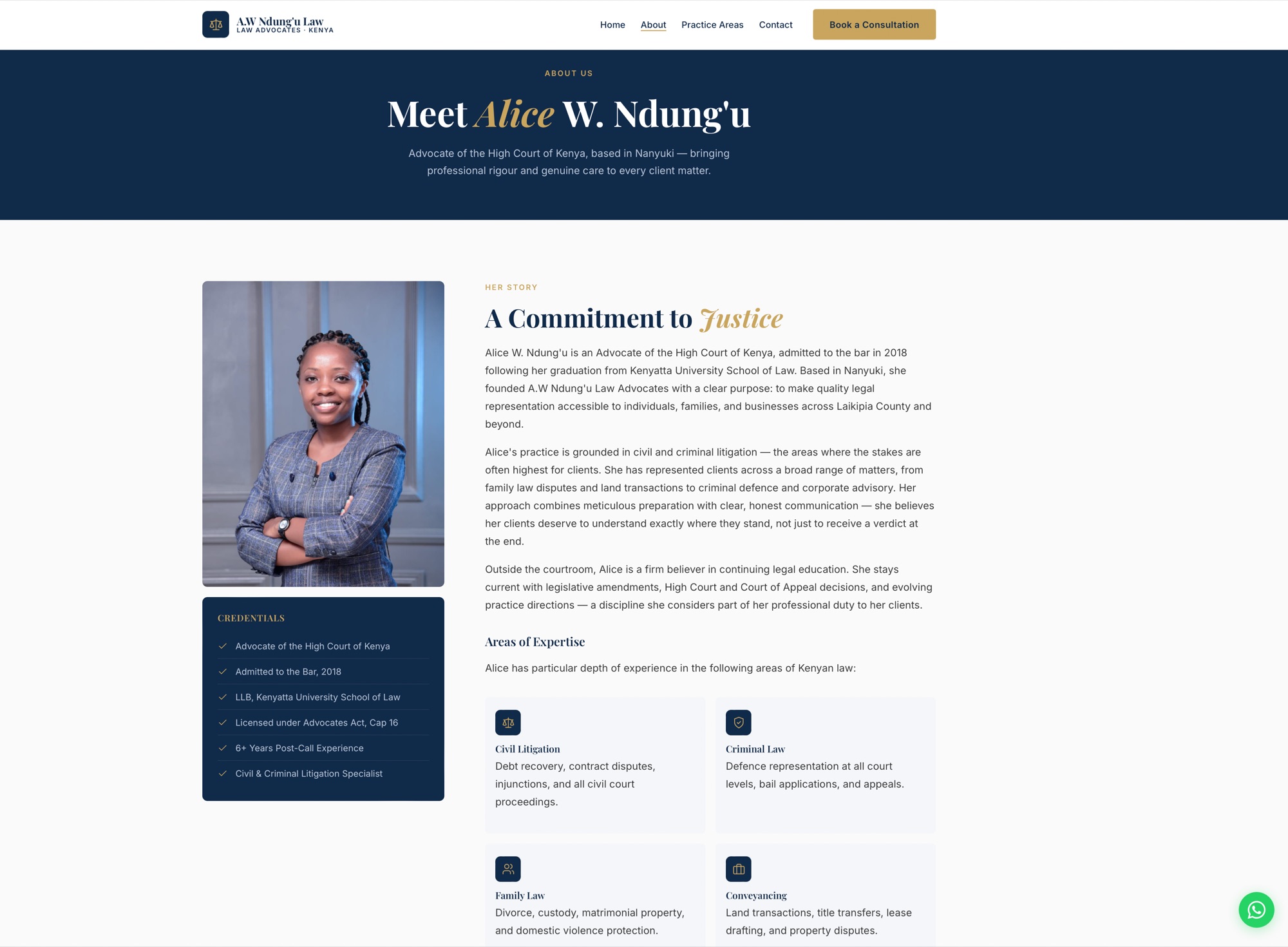 A.W Ndung&rsquo;u Law website &mdash; Meet Alice W. Ndung&rsquo;u, with her portrait, credentials, and areas of expertise