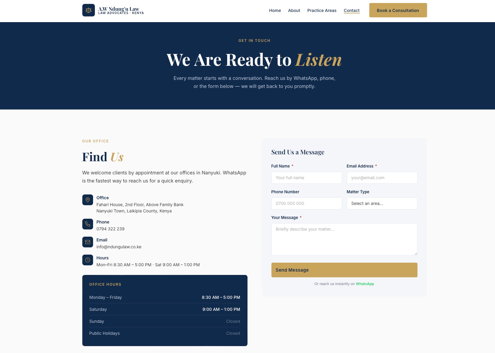 A.W Ndung&rsquo;u Law website &mdash; contact page with office details, hours, and a message form