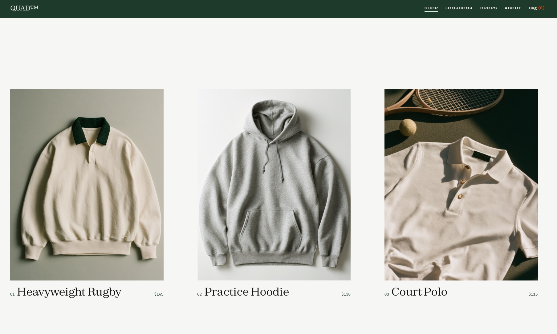 Quad website &mdash; Shop page with the Heavyweight Rugby, Practice Hoodie, and Court Polo