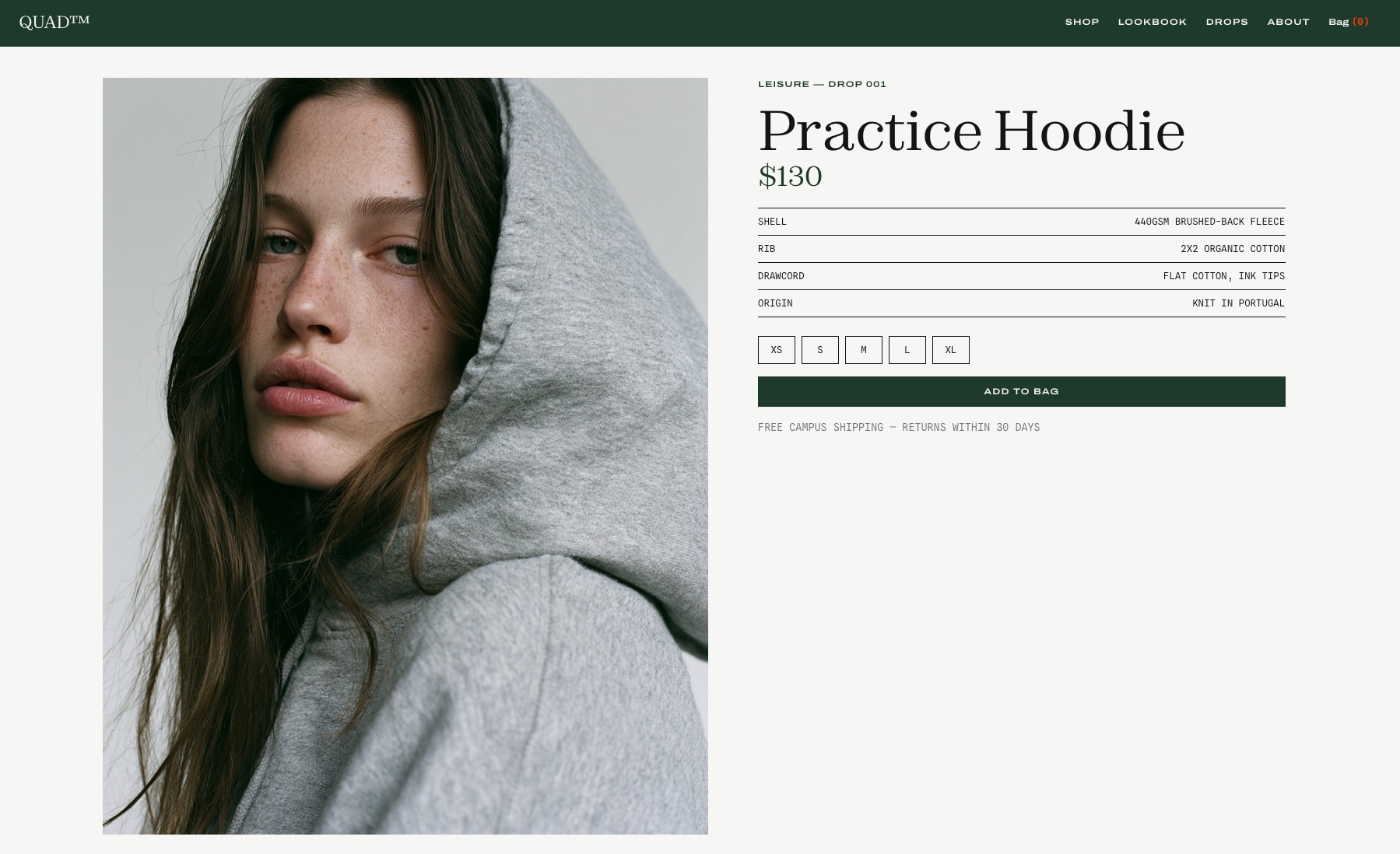 Quad website &mdash; Practice Hoodie product page with an editorial portrait and a spec sheet