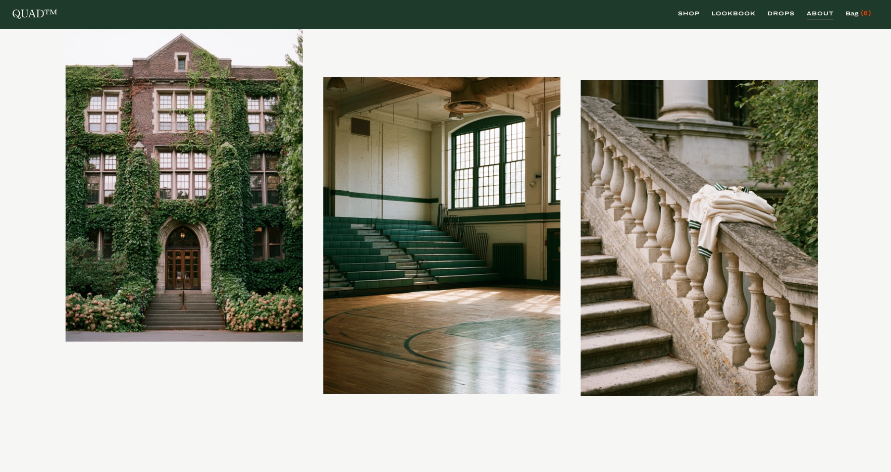 Quad website &mdash; About page with photographs of an ivy-covered hall, an old gym, and a stone staircase