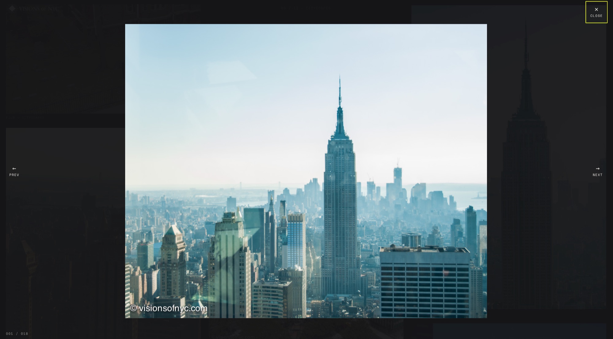 Visions of NYC &mdash; the full-screen lightbox showing the Empire State Building