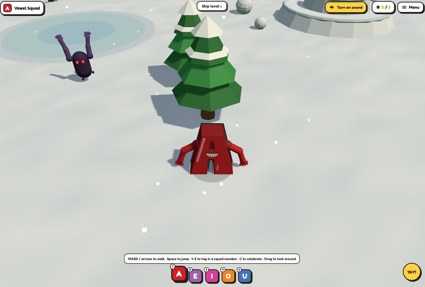 Vowel Squad snow level, with the letter A character in a snowfield and the full squad bar unlocked