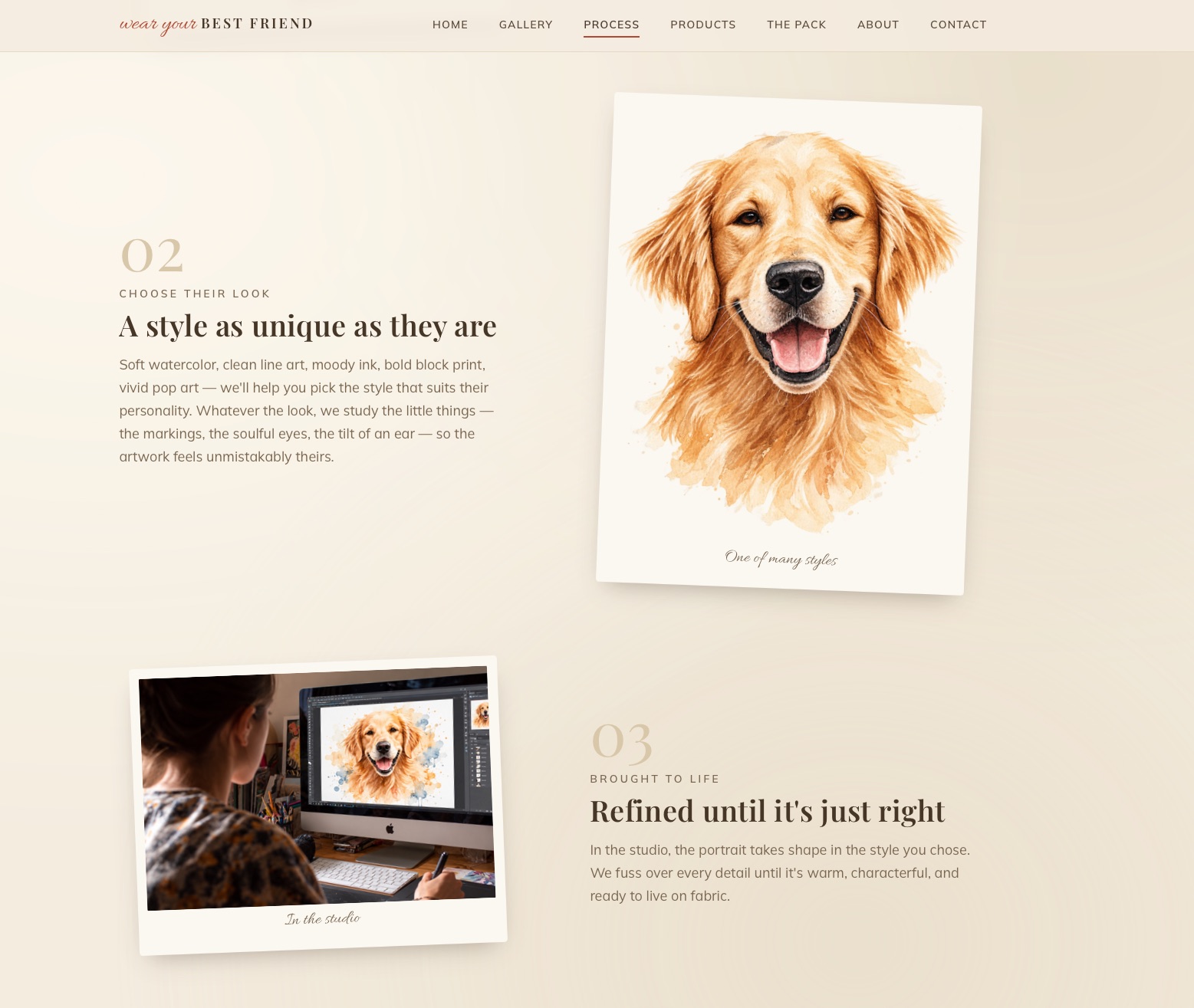 Wear Your Best Friend &mdash; the process page showing a watercolor golden retriever and the studio at work