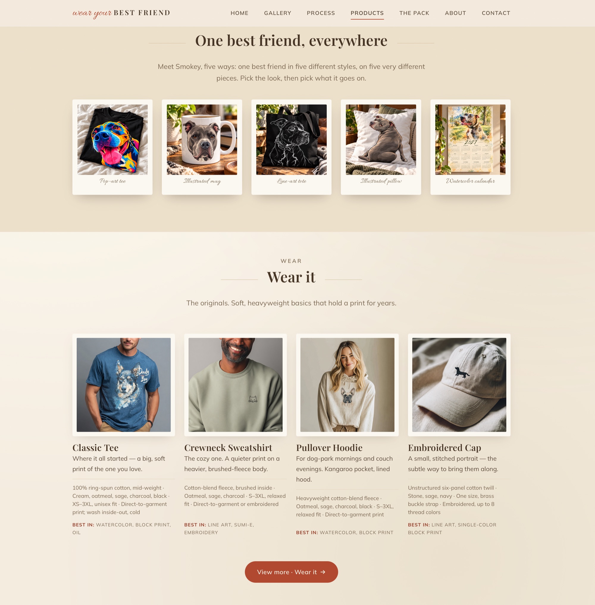 Wear Your Best Friend &mdash; products page with one dog shown in five styles and the Wear It collection