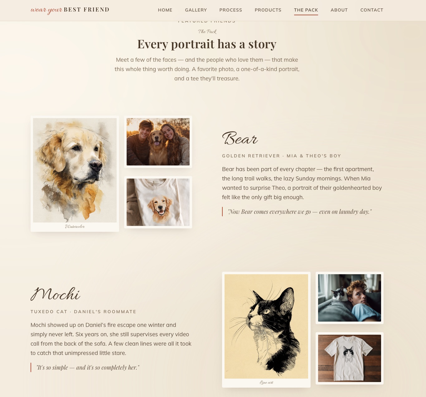 Wear Your Best Friend &mdash; The Pack page with the stories of Bear and Mochi